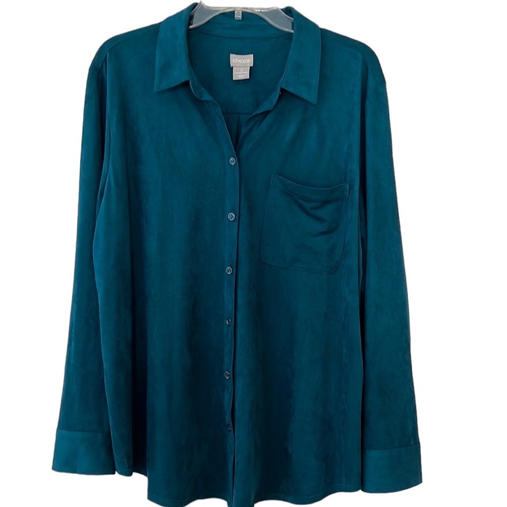 Chico’s Faux Suede Dark Turquoise ButtonDown Blouse. Size XL